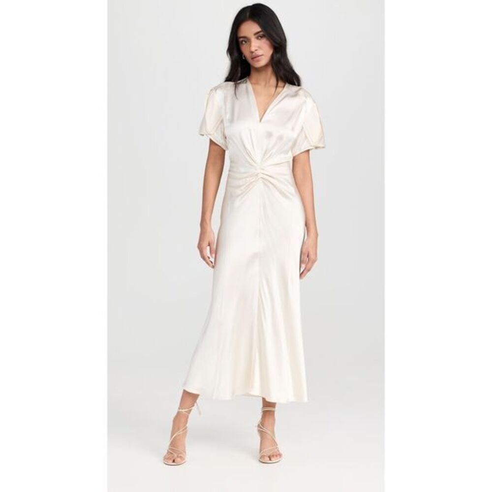 NWT Victoria Beckham Gathered V-neck Satin Short Sleeve Midi Dress Ivory Size 6